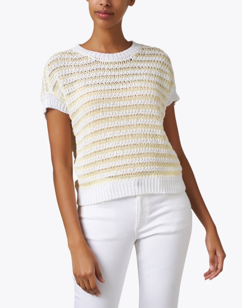 Stylish White and Golden-Yellow Striped Short Sleeve Knit Sweater
