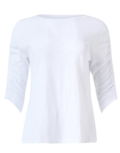 Stylish Women's White 100% Cotton Top with Ruched Elbow-Length Sleeves