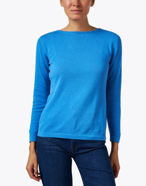 Stylish Blue Soft Pima Cotton Boatneck Semi - Relaxed Sweater