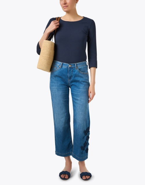 Stylish Navy Stretch Cotton Blend Jersey Three - Quarter Sleeve Top by Weekend Max Mara