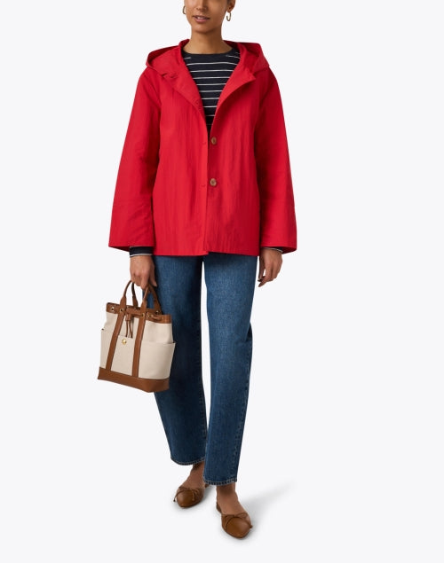 Stylish Red Hooded Jacket with Gold Button Closure