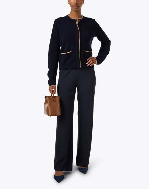 Stylish Navy Wool-Cashmere Blend Cardigan with Contrast Trim