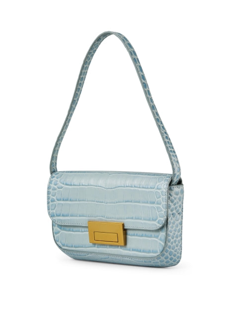 Stylish Stefania Blue Croc-Embossed Leather Baguette Shoulder Bag