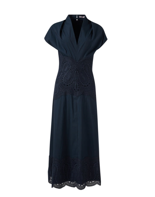 Navy Blue Lace-Trimmed Cotton Poplin Women's Dress for Formal Occasions