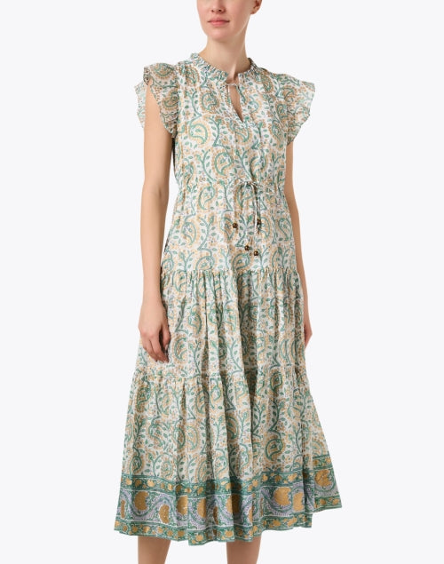 Stylish Marseille Gold and Green Printed Tiered Cotton Dress
