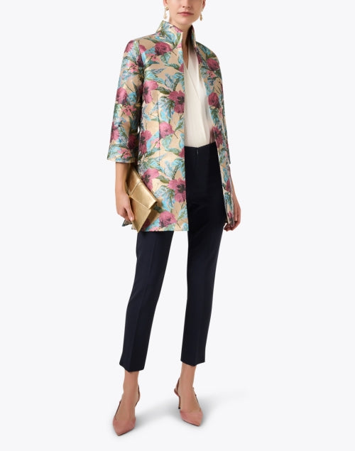 Elegant Rita Gold Floral Jacquard Longline Jacket for Special Occasions