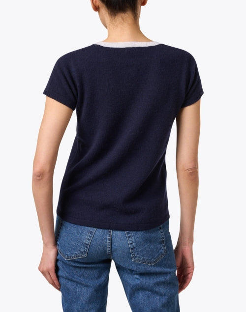 Navy Blue Cashmere Ringer Style Crew Neck Top for Spring and Summer