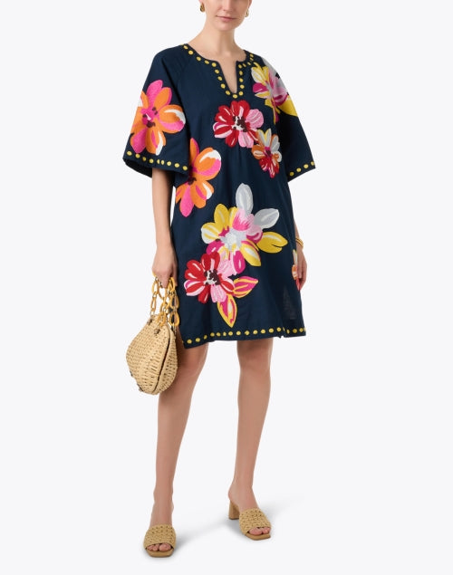 Alluring Navy Floral - Printed Cotton - Linen Mini Kaftan by Frances Valentine