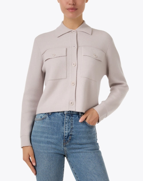 Taupe-colored Cashmere Cropped Shirt-style Knit Jacket for Fashionable Wear