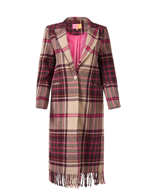Vilagallo Women's Katherine Pink Multi-Patterned Plaid Longline Wool Blend Fall Coat