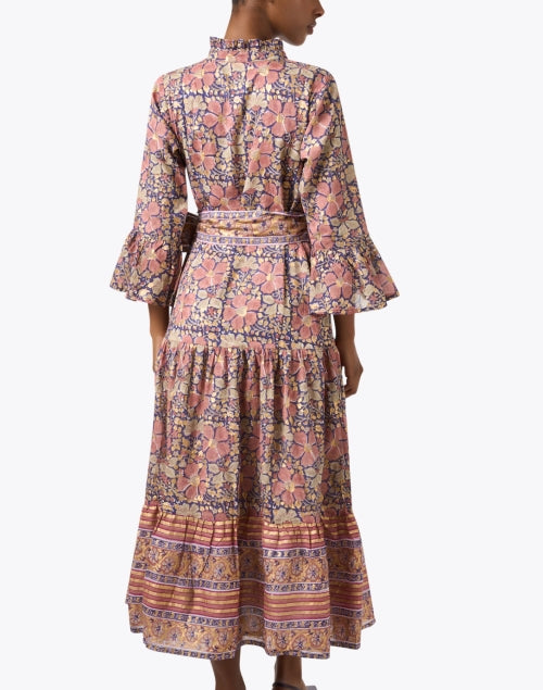 Stylish Pink and Golden Floral Print Cotton Women's Dress