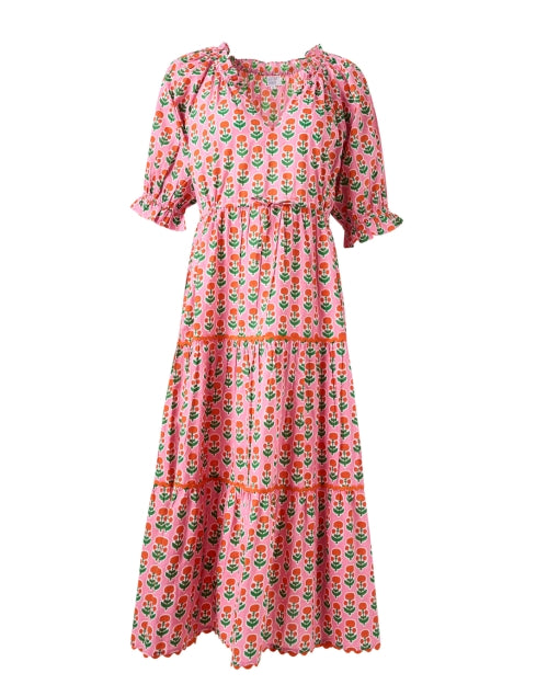 Calypso Pink Hand - Block Printed Floral Midi Dress with Ruffle Collar