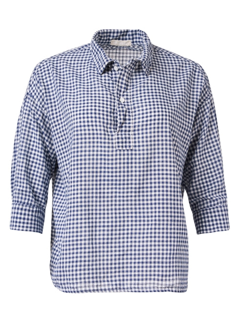 Navy Blue Gingham Pattern 100% Linen Casual Henley Top for Women by CP Shades