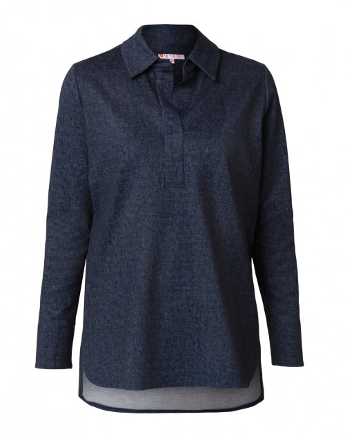 Navy Blue Denim-Style Hadley Henley Knit Top for a Fashionable Look
