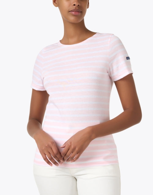 Chic French-Made Pink and White Striped Cotton Crew Neck Tee