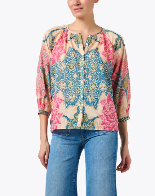 Beige Multi - Print Breathable Cotton - Silk Button - Down Top by Courtney