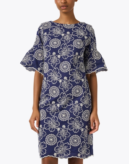 Navy Blue Floral Pattern Embroidered Women's Dress