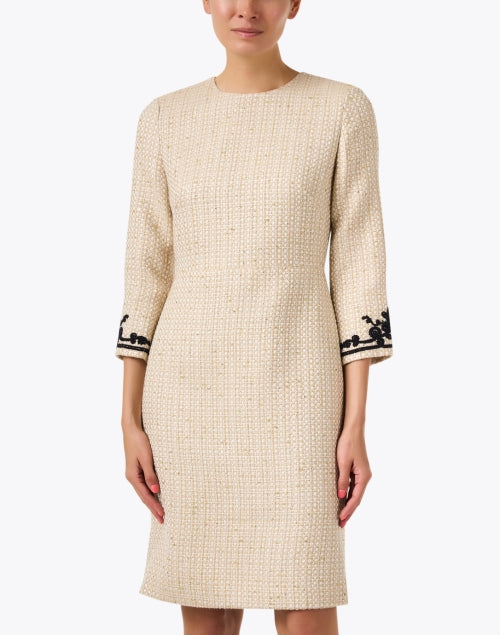 Stylish Beige Tweed Sheath Dress with Embroidered Cuffs