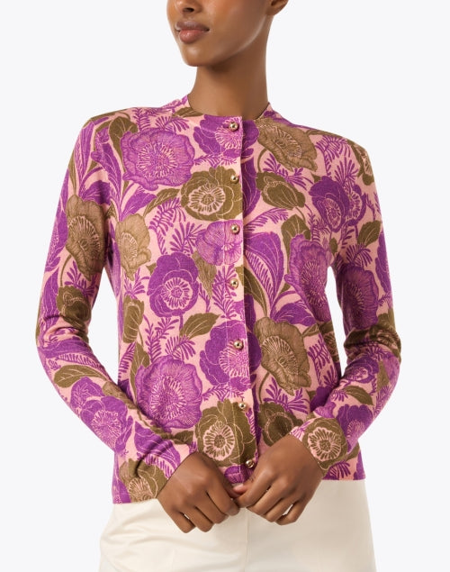 Elegant Pink Multi - Floral Motif 100% Wool Slim - Stretch Cardigan