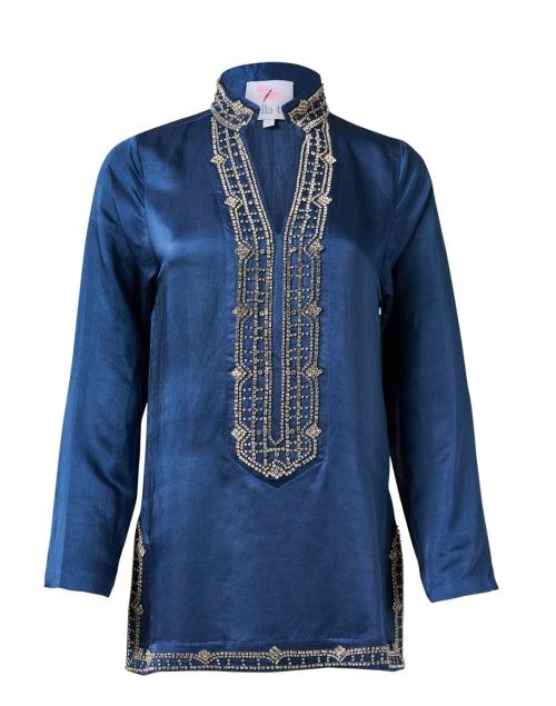 Stylish Marilyn Indigo Embroidered Women's Tunic Top for Special Occasions