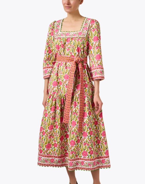 Stylish Hippie-inspired Pink and Green Floral Women's Midi Dress