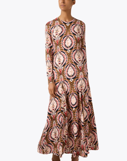 Stylish Multi - Print Adjustable Zip - Front Long - Sleeve Maxi Dress