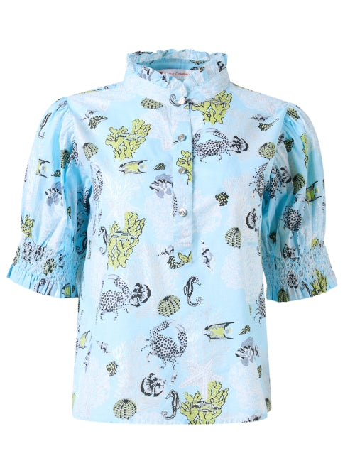 Orla Blue Reef Patterned Women's Cotton Top with Ruffle Neck and Puff Sleeves