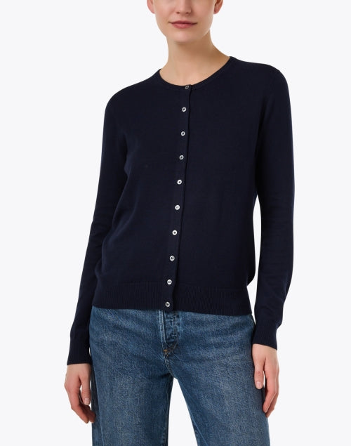 Stylish Navy Cotton - Blend Classic Cardigan for Modern Wardrobe