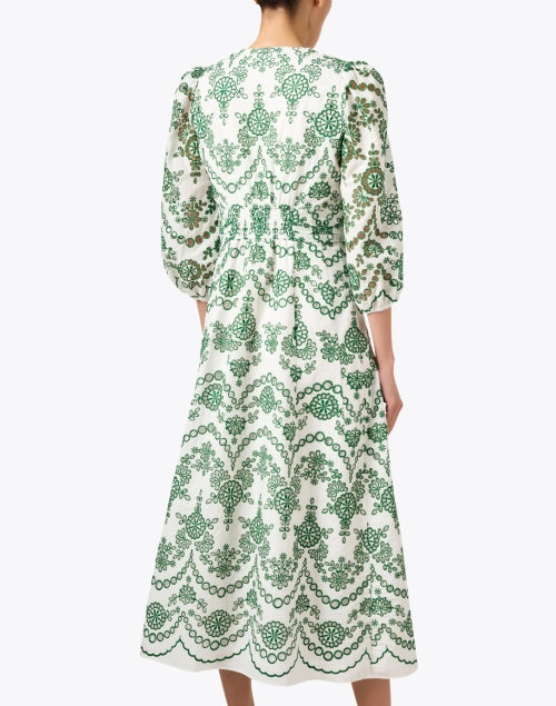 Ivory and Green Cotton Eyelet Glenda Midi Dress for All Events