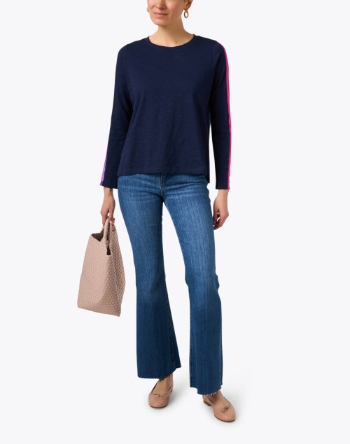 Navy-Colored 100% Cotton Mesh Striped Casual Top