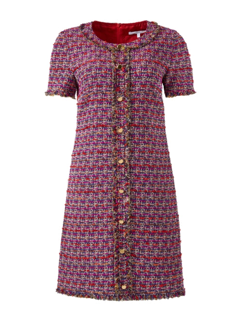 Santorelli's Shea-style Magenta Tweed Mini Dress with Fringe and Faux Gold Button Closure