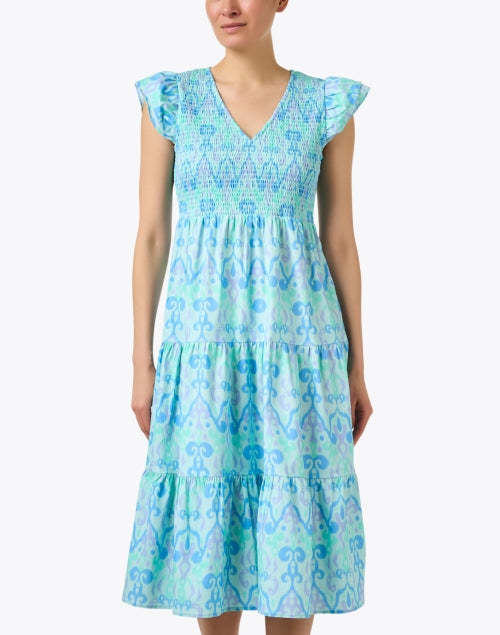 Stylish Blue Ikat-patterned Smocked 100% Cotton Poplin Dress