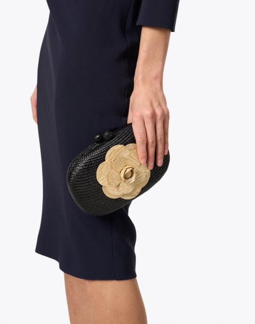 Stylish Olive Black Woven Buntal Minaudiere with Sand Camellia Decoration