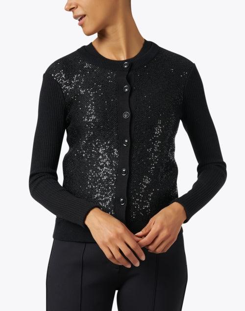 Stylish Black Sequin-Embellished Wool and Silk Blend Cardigan for Fashionable Wear