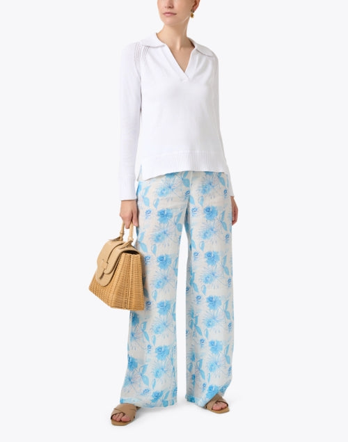 Stylish Blue and White Floral Print Wide-Leg Lightweight Linen Pants