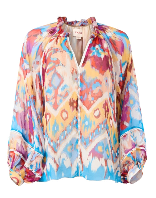 Multicolored Ikat Print Silk Women's Blouse - Luz Style