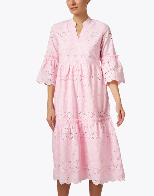 Pink 100% Cotton Eyelet Lace Midi Tiered Dress for Women