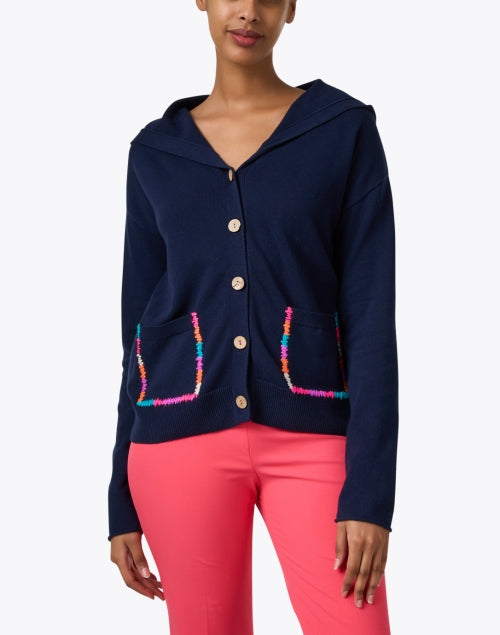 Navy Knit Cardigan with Contrast Stitch and Relaxed Hood