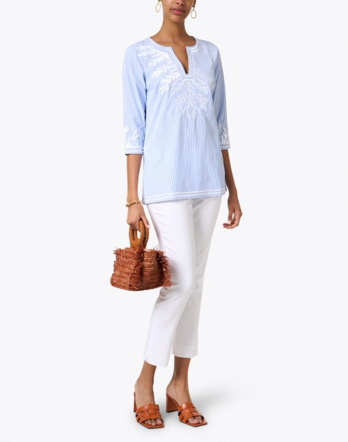 Blue Striped Embroidered Cotton Poplin Casual Tunic Blouse by Gretchen Scott