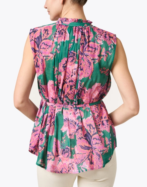 Rosette Print Cotton-Silk Blend Sleeveless Blouse in Green and Pink Colors