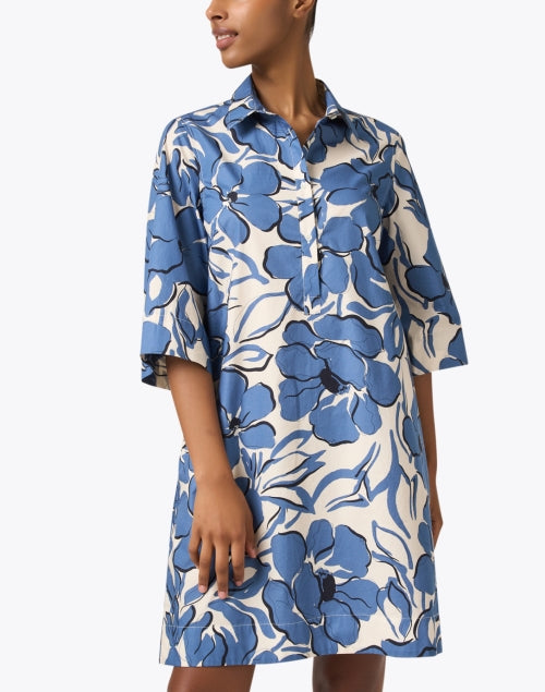 Jackalyn Blue Cotton Floral Printed Shirt-Style Dress