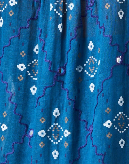 Stylish Blue Cotton Mosaic Print Flared-Sleeve Dress