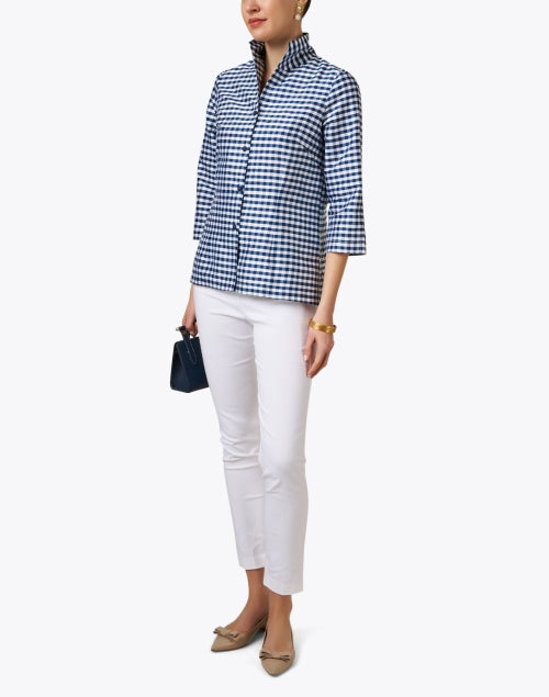 Stylish Navy Gingham Pattern Silk Women's Fashion Jacket by Ronette