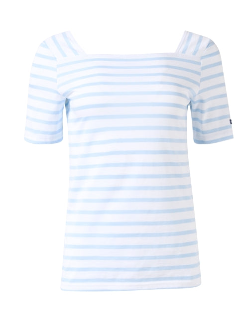 Stylish Light Blue and White Striped Cotton Square - Neck Short - Sleeve Top