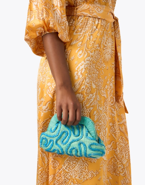 Stylish Noemi Handmade Green Embroidered Raffia Evening Clutch Purse