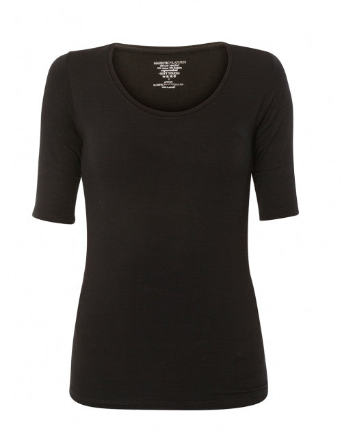 Stretchy Viscose Black Scoop Neck Top with Elbow Sleeves for Women's Fashion