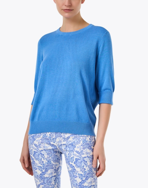 Stylish Blue Cotton Blend Elbow Sleeve Sweater for a Modern Look