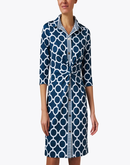 Stylish Navy and White Printed Twist Shirt Dress for Transitional Wardrobe