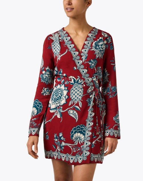 Stylish Red Wrap Dress with Intricate Print Design