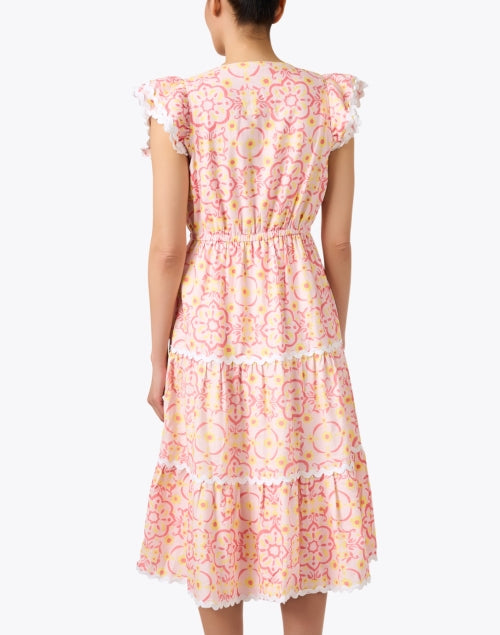 Sail to Sable Pink Medallion Patterned Ric Rac Trimmed Linen Blend Tiered Dress